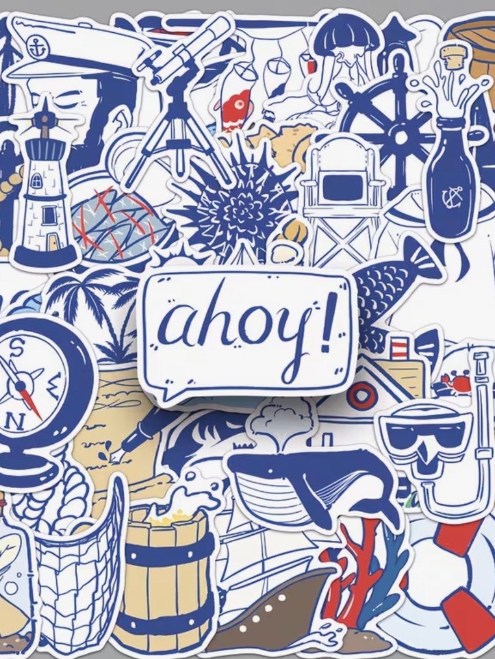 50 Blue White Nautical Stickers Anchor Ship Sailor Fish Lighthouse Rope Shell - Picture 6 of 16